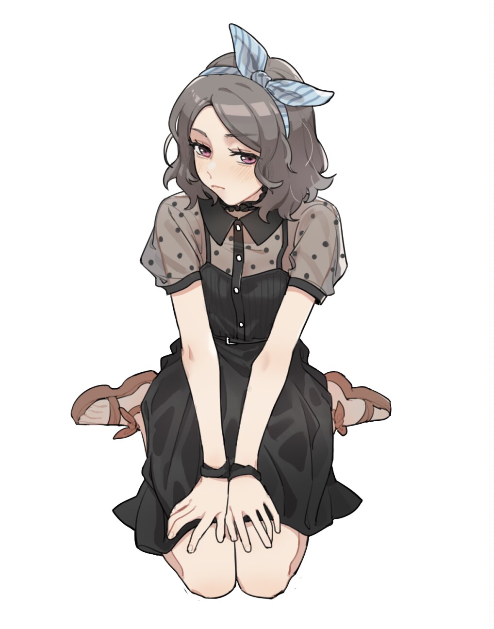 1girl, black_dress, blue_hairband, blush, bow_hairband, brown_footwear, closed_mouth, commentary, dress, ebizuka_tomo, english_commentary, girls_band_cry, grey_hair, hairband, highres, medium_hair, red_eyes, sandals, see-through, see-through_sleeves, short_sleeves, simple_background, sitting, solo, tuxiaoning_not, wariza, white_background
