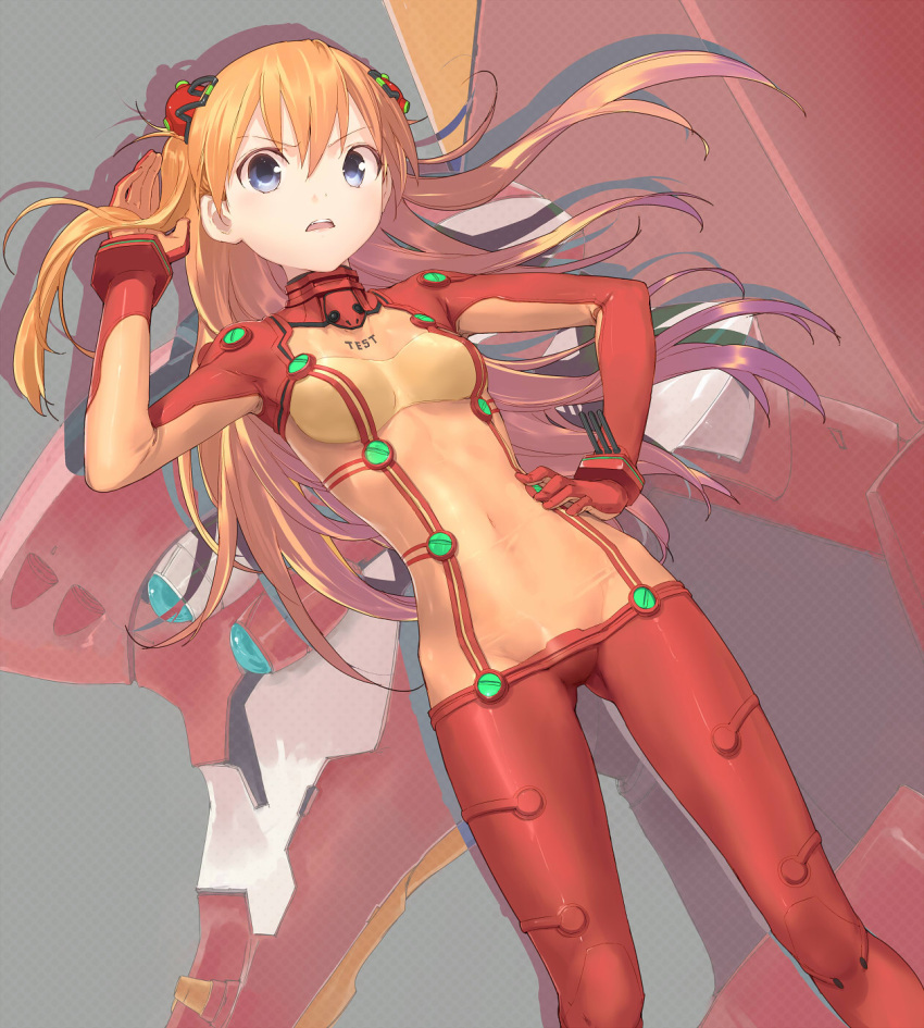 eva_02, eva_03, evangelion:_2.0_you_can_(not)_advance, hand_on_hip, highres, long_hair, mecha, navel, neon_genesis_evangelion, open_mouth, orange_hair, plugsuit, rebuild_of_evangelion, shikinami_asuka_langley, solo, souryuu_asuka_langley, test_plugsuit, tight, uni
