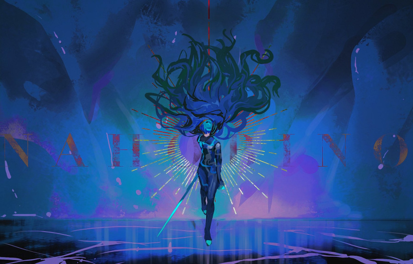 1boy, arm_at_side, armor, beam_saber, blue_background, blue_bodysuit, blue_hair, blue_theme, bodysuit, cinderrrr, commentary, full_body, highres, long_hair, male_focus, protagonist_(smtv), shin_megami_tensei, shin_megami_tensei_v, solo, standing, standing_on_one_leg, symbol-only_commentary, very_long_hair
