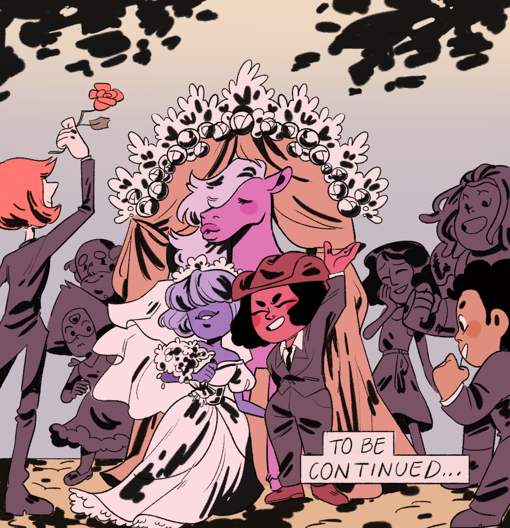 1girl, 2boys, amethyst_(steven_universe), androgynous, bismuth_(steven_universe), blue_skin, colored_skin, connie_maheswaran, dress, golden_hour, greg_universe, multiple_boys, pearl_(steven_universe), peridot_(steven_universe), red_skin, ruby_(steven_universe), sapphire_(steven_universe), steven_quartz_universe, steven_universe, suit, wedding_dress, yummycookies753, yuri