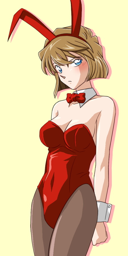 animal_ears, blue_eyes, breasts, brown_hair, bunny_ears, bunnysuit, detective_conan, haibara_ai, kame_reon, miyano_shiho, pantyhose, rabbit_ears, short_hair