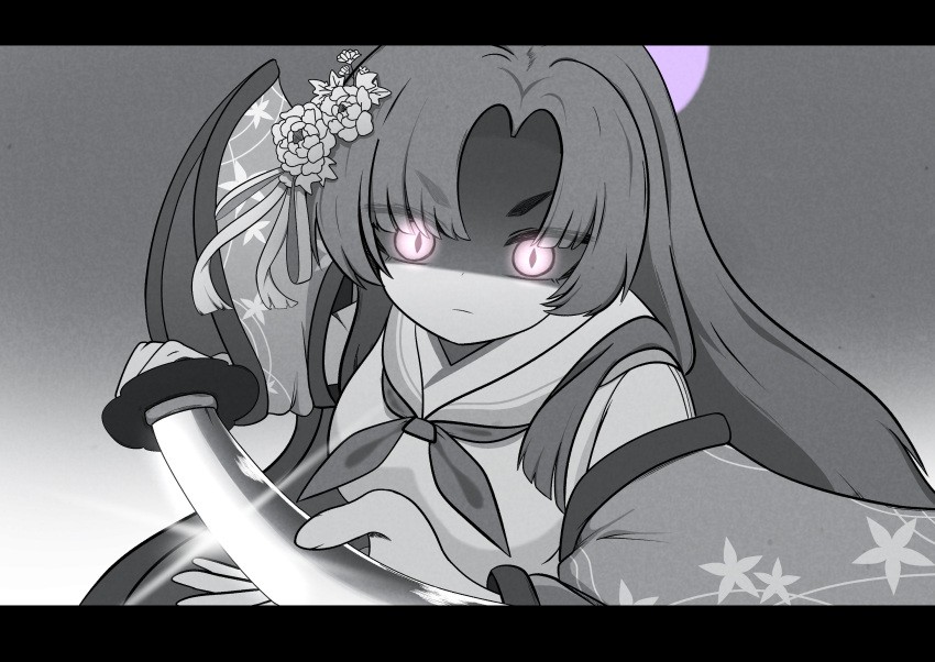 blue_archive, closed_mouth, flower, glint, greyscale, hair_flower, hair_ornament, highres, holding, holding_sword, holding_weapon, japanese_clothes, jchanmul, katana, kimono, monochrome, parted_bangs, school_uniform, serafuku, shaded_face, sword, thick_eyebrows, violet_eyes, weapon, white_serafuku, yukari_(blue_archive), yukata