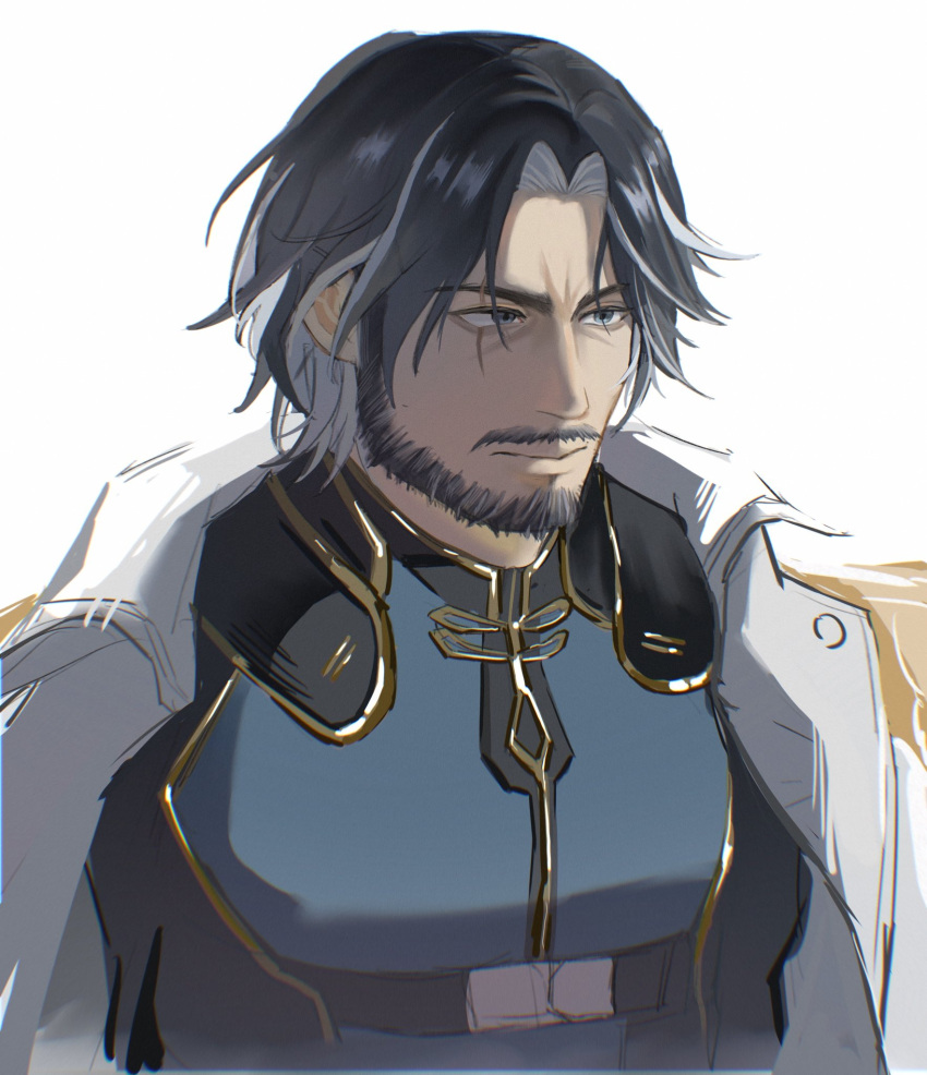 1boy, beard, black_hair, coat, cropped_torso, facial_hair, highres, male_focus