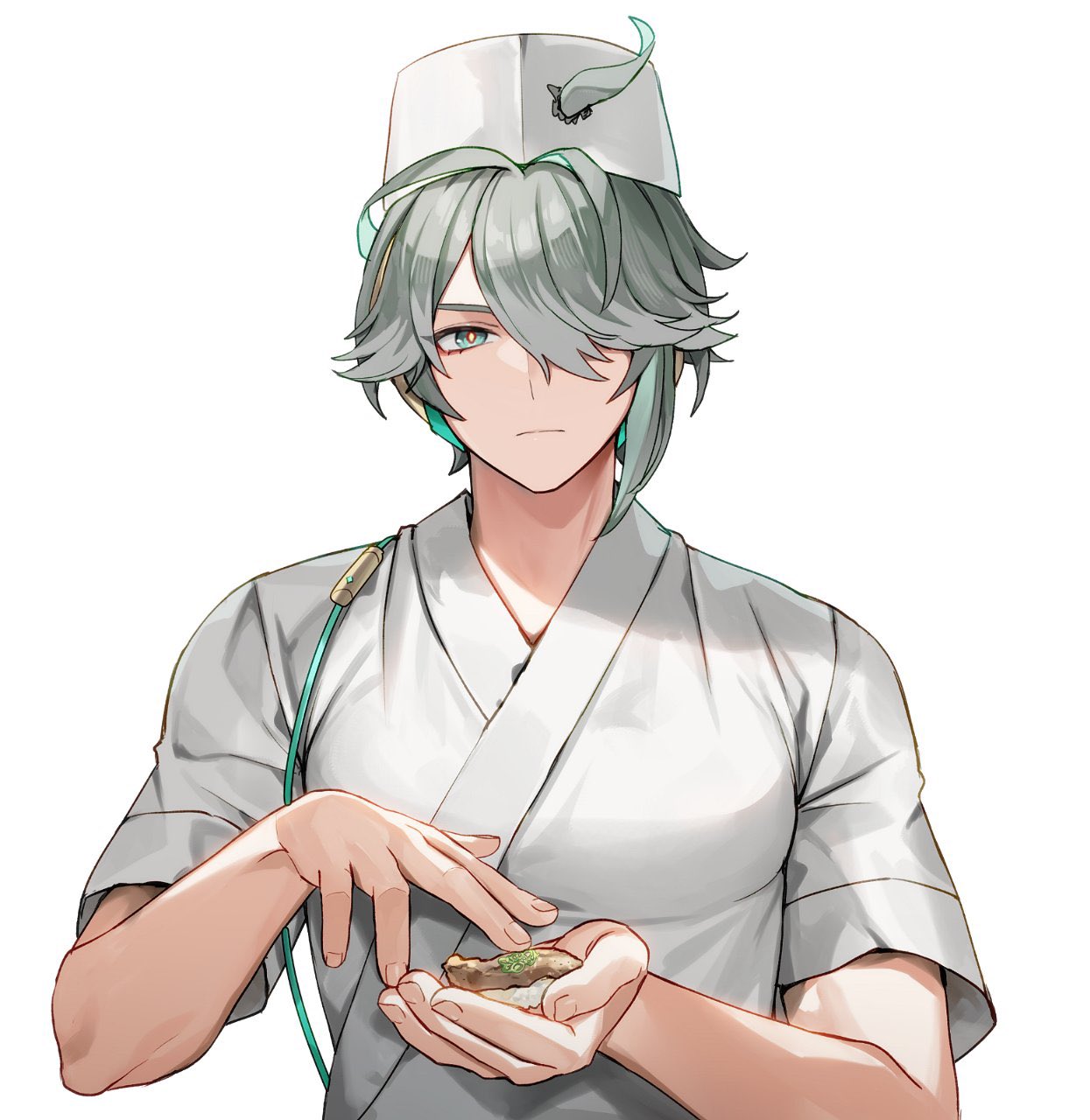 1boy, alhaitham_(genshin_impact), alpaitham, aqua_eyes, closed_mouth, food, genshin_impact, grey_hair