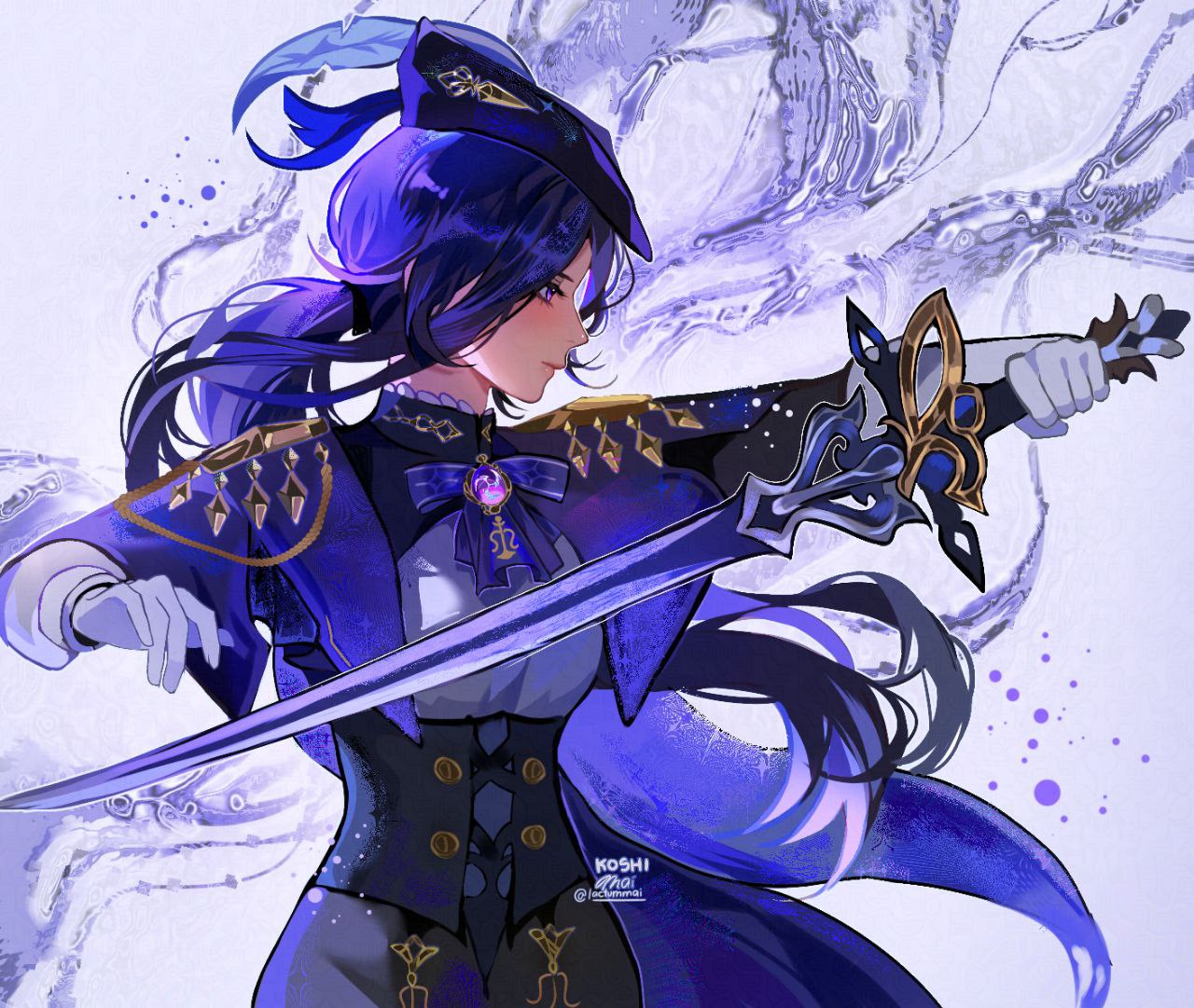 1girl, absolution_(genshin_impact), ascot, black_corset, black_skirt, blue_ascot, blue_cape, blue_hair, blue_hat, cape, clorinde_(genshin_impact), closed_mouth, commentary_request, corset, dark_blue_hair, epaulettes, fold-over_gloves, framed_breasts, genshin_impact, gloves, grey_background, hat, hat_feather, holding, holding_sword, holding_weapon, long_hair, looking_ahead, low_ponytail, m_a_i_(lactummai), pencil_skirt, profile, shirt, simple_background, skirt, solo, sword, taut_clothes, taut_shirt, tricorne, twitter_username, violet_eyes, vision_(genshin_impact), weapon, white_gloves, white_shirt