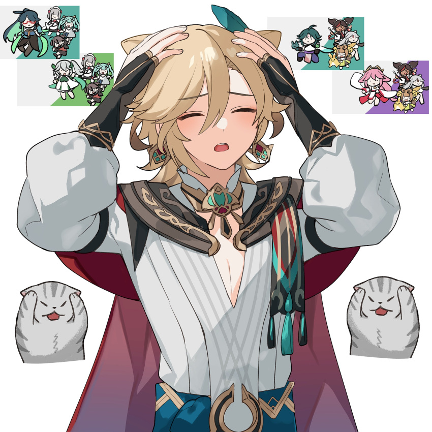 1boy, absurdres, alpaitham, animal_ears, arms_up, black_gloves, blonde_hair, cat
