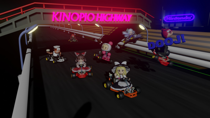 3boys, 4girls, angry_birds, blender_(medium), bomberman, cirno, cupcake, flying_sweatdrops
