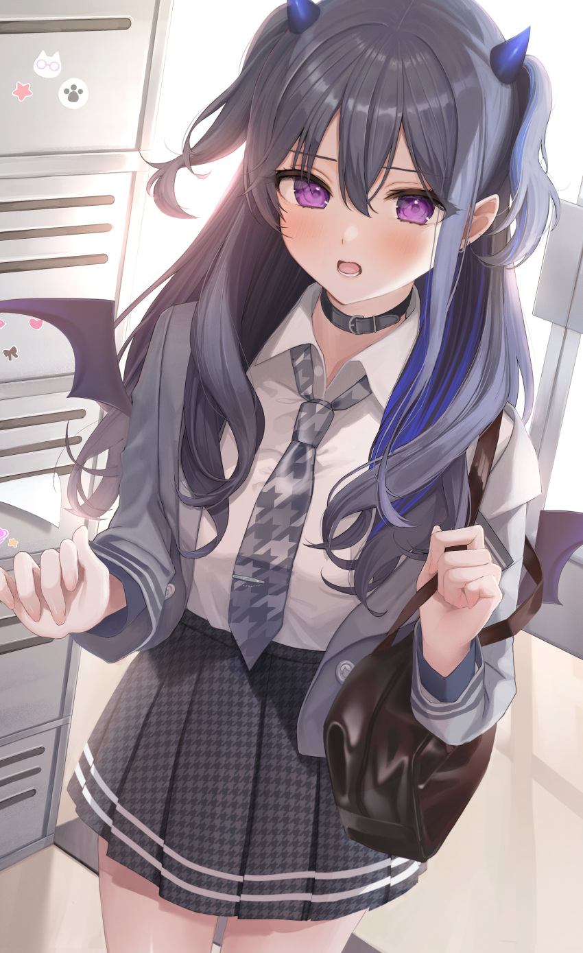 0707_una, 1girl, absurdres, bag, black_hair, blazer, blue_hair, collared_shirt