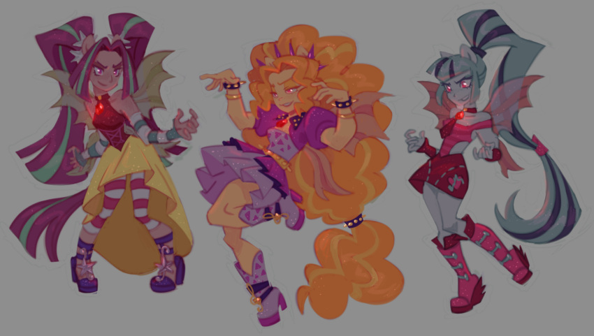 3girls, adagio_dazzle, aqua_hair, aria_blaze, blonde_hair, dress, green_hair, highres