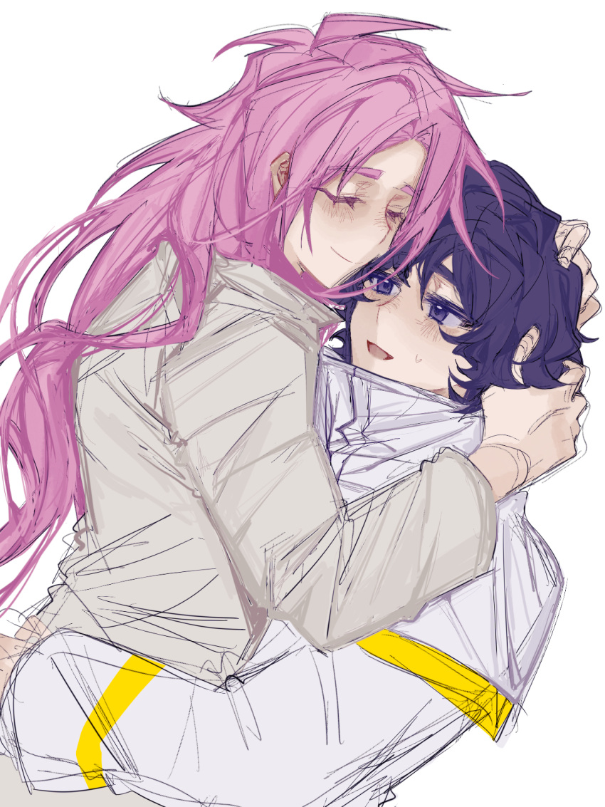 blue_eyes, blue_hairband, bluemonday999, capelet, chinese_commentary, closed_eyes, closed_mouth, commentary_request, gold_trim, hairband, hand_in_another's_hair, hatsutori_hajime, highres, hug, long_hair, long_sleeves, male_focus, open_mouth, parted_bangs, pink_hair, saibou_shinkyoku, shirt, short_hair, simple_background, sketch, smile, sweat, utsugi_noriyuki, white_background, white_capelet, white_shirt