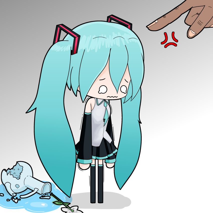 1girl, anger_vein, blue_eyes, blue_hair, broken_vase, crying, hatsune_miku, iraqiloid