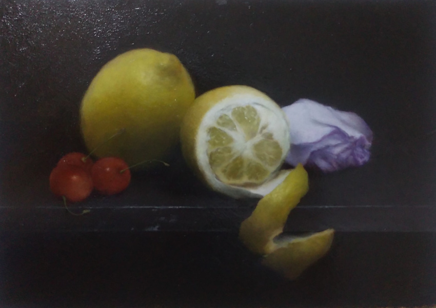 cherry, flower, food, food_focus, fruit, highres, lemon, lemon_peel, no_humans, object_focus, original, painting_(medium), realistic, rose, shadow, still_life, traditional_media, tray, watercolor_(medium), xuahqcpelcqniyj