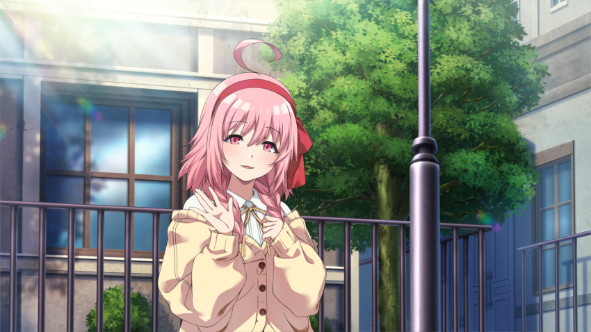 1girl, ahoge, braid, brown_cardigan, cardigan, collared_shirt, day, game_cg