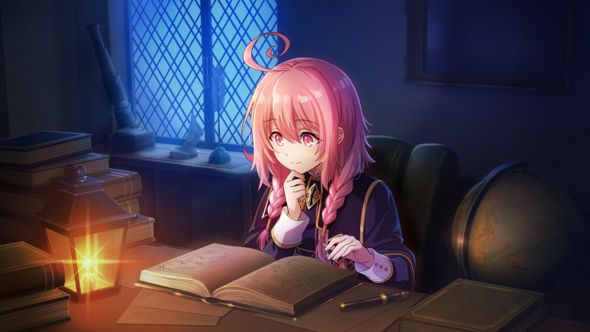 1girl, ahoge, blue_capelet, blue_jacket, blue_necktie, book, book_stack, braid