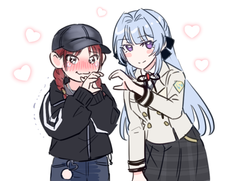 2girls, baseball_cap, black_hat, black_jacket, black_ribbon, black_skirt, blue_pants, blunt_bangs