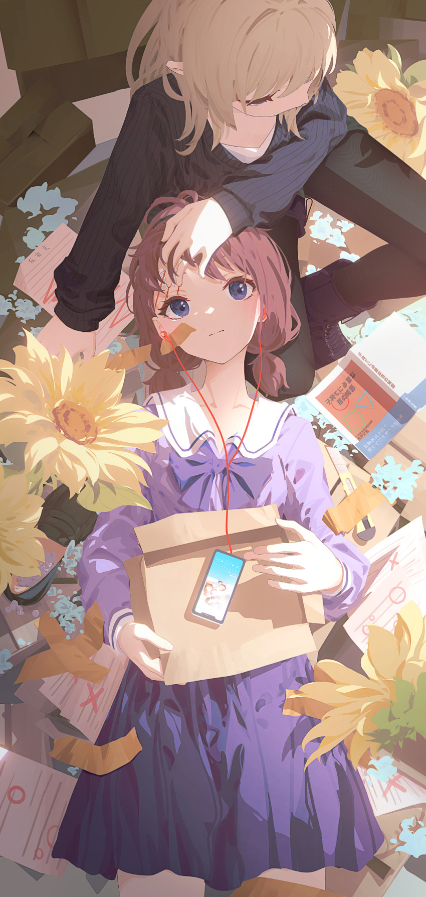 2girls, 999kun, bandaid, bandaid_on_face, black_footwear, black_pantyhose, black_sweater, blue_bow
