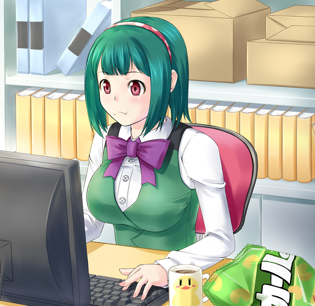 :t, book, bookshelf, breasts, computer, cup, eating, green_hair