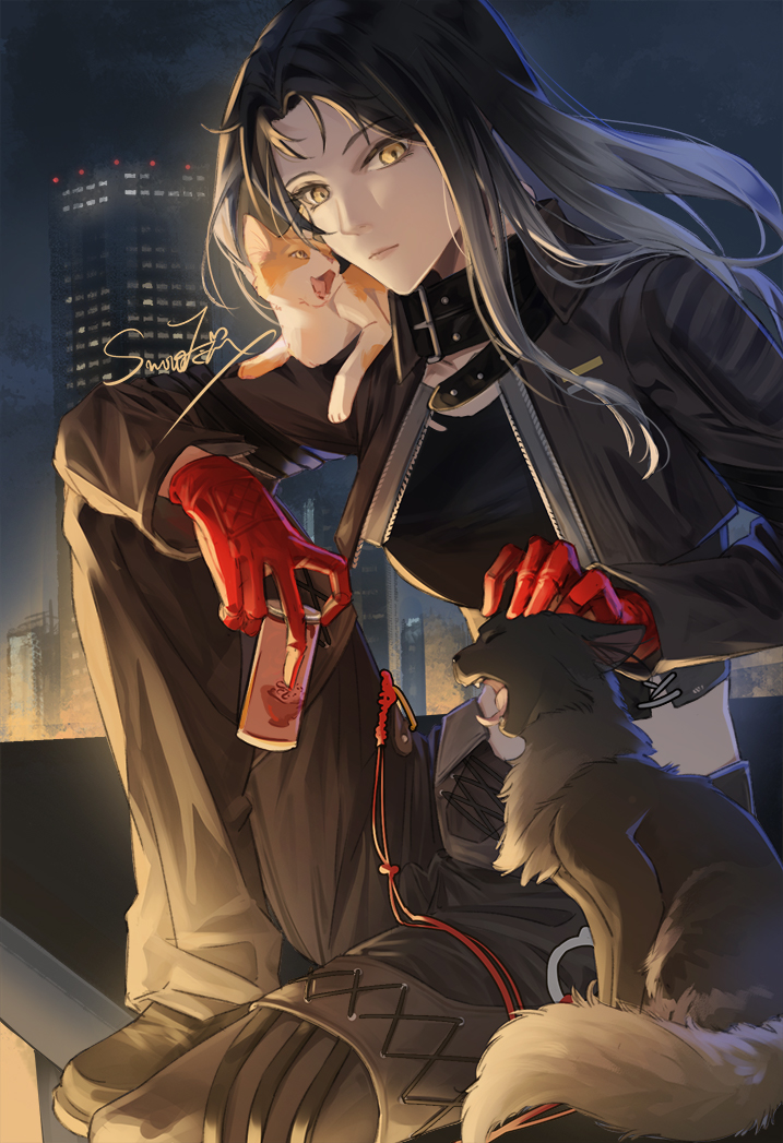 1girl, angell_(path_to_nowhere), animal, black_footwear, black_hair, black_jacket, black_pants, black_shirt