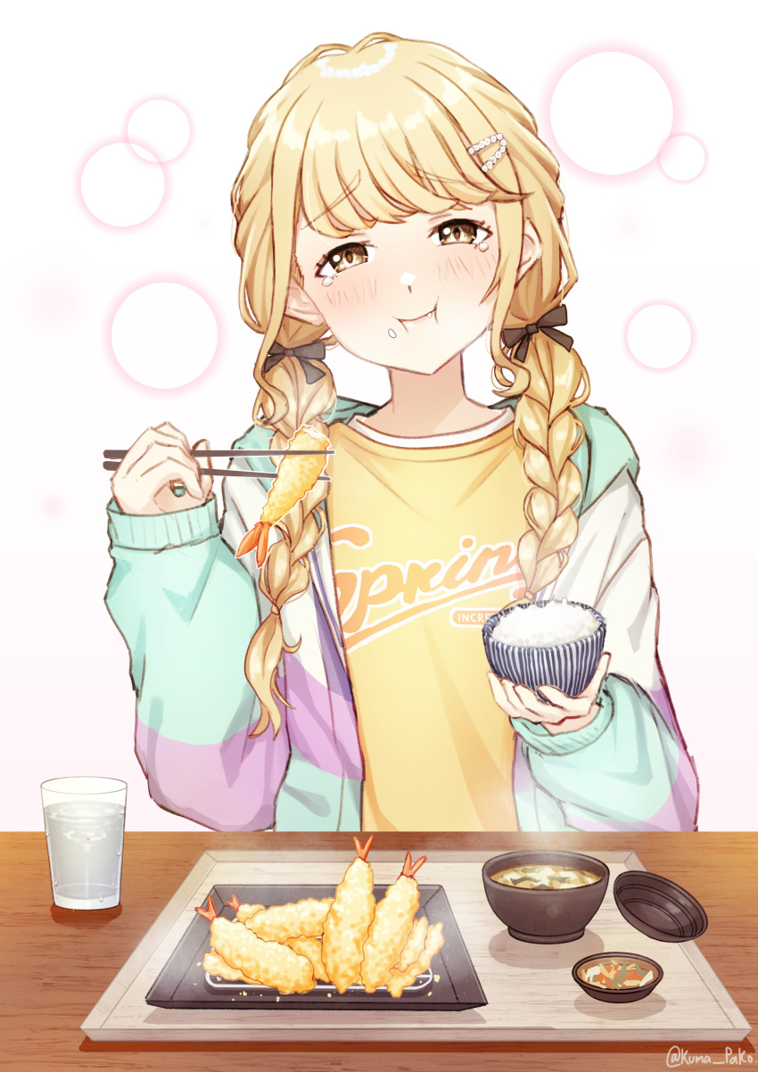 1girl, :i, absurdres, blonde_hair, blush, bowl, braid, chopsticks