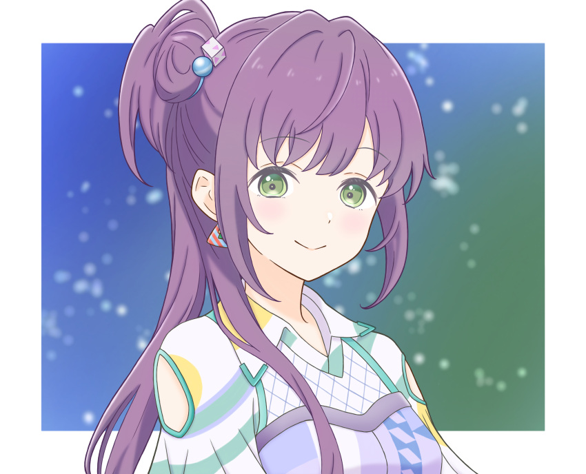 1girl, absurdres, arm_cutout, blue_background, blue_dress, border, closed_mouth, collared_dress