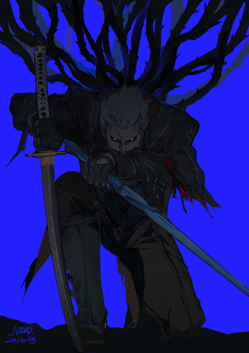 1boy, blue_background, blue_coat, blue_eyes, blue_theme, coat, devil_may_cry_(series), devil_may_cry_5, fingerless_gloves, gloves, glowing, glowing_eyes, hair_slicked_back, highres, holding, holding_weapon, katana, looking_at_viewer, male_focus, monochrome, nzxd1, solo, spot_color, sword, vergil_(devil_may_cry), weapon, white_hair, yamato_(sword)