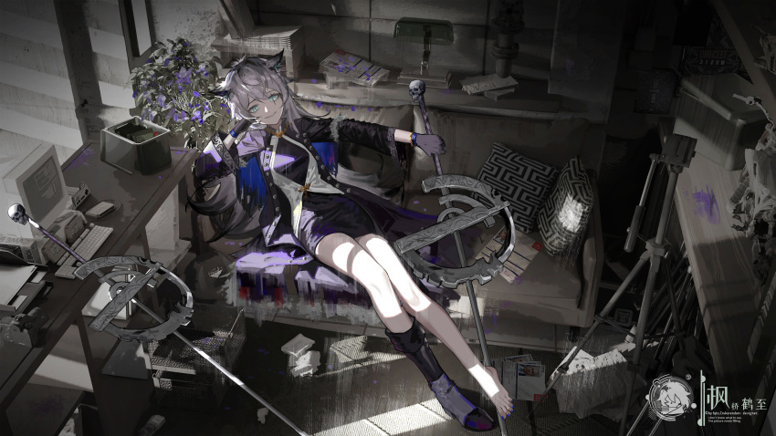 1girl, absurdres, animal_ears, aqua_eyes, arknights, arm_support, black_coat, black_dress