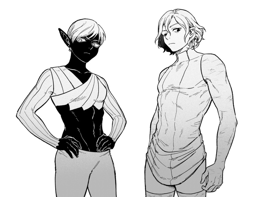 1boy, 1girl, abs, bags_under_eyes, black_skin, colored_skin, cowboy_shot, crop_top