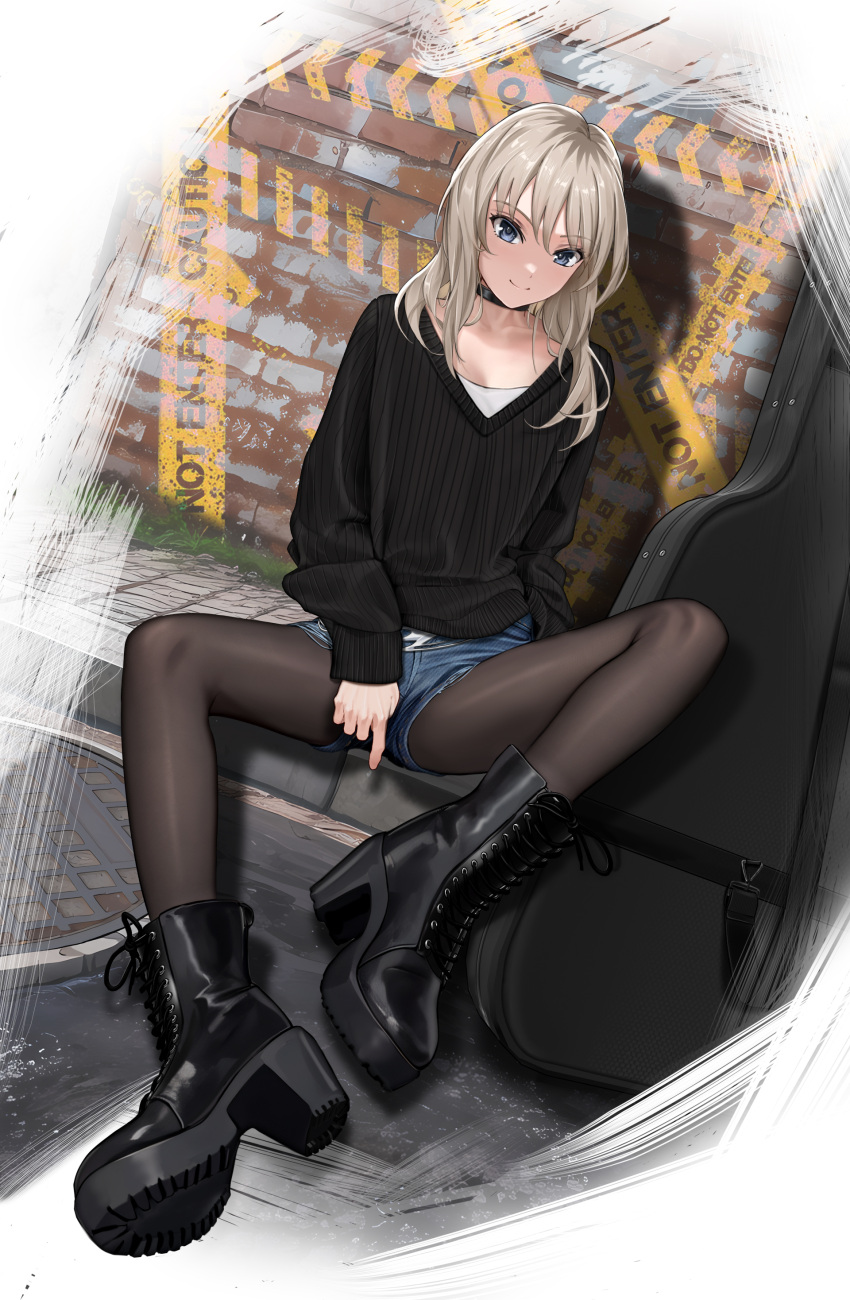 1girl, absurdres, black_choker, black_footwear, black_pantyhose, black_sweater, blue_shorts, boots