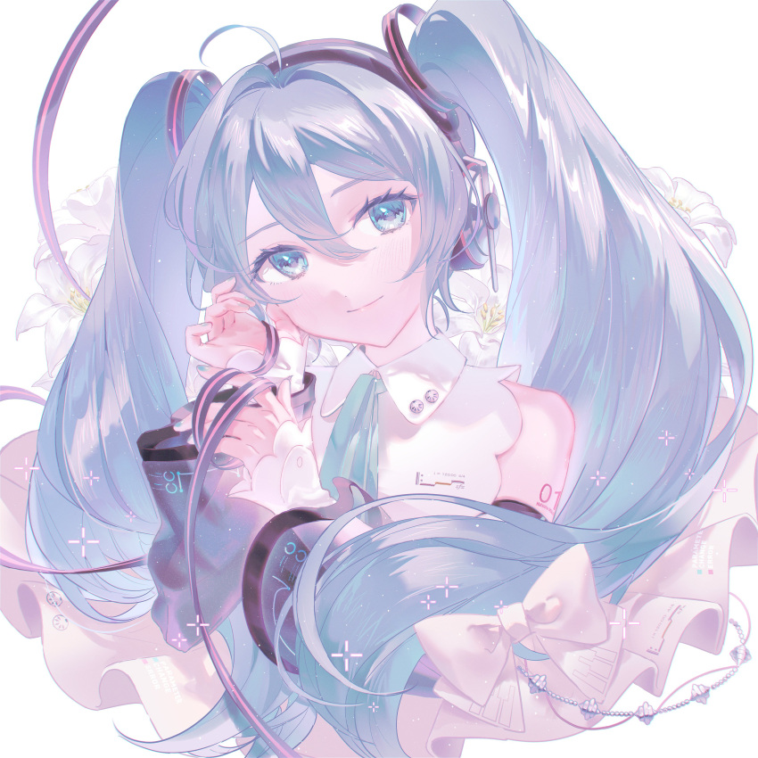 1girl, absurdres, ahoge, aqua_eyes, aqua_hair, aqua_nails, aqua_ribbon, arm_tattoo
