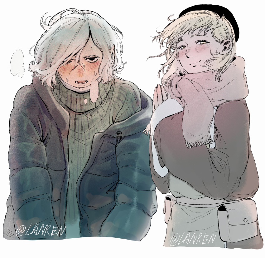 1boy, 1girl, absurdres, belt_pouch, black_eyes, blonde_hair, blush, coat, contemporary, down_jacket, dungeon_meshi, falin_touden, falin_touden_(tallman), grey_hair, hair_over_one_eye, highres, jacket, long_sleeves, looking_at_viewer, mask, mithrun, mouth_mask, nienieshinanhaizi, open_mouth, pouch, ribbed_sweater, scarf, short_hair, simple_background, smile, sweat, sweater, turtleneck, turtleneck_sweater, white_background, winter_clothes, winter_coat, yellow_eyes