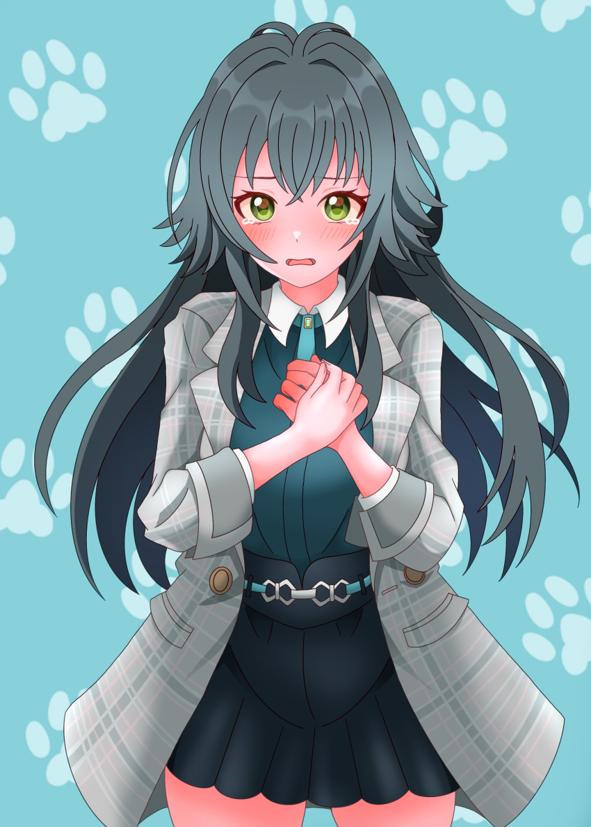 1girl, absurdres, antenna_hair, aqua_background, black_skirt, bruise_on_arm, coat, commentary_request
