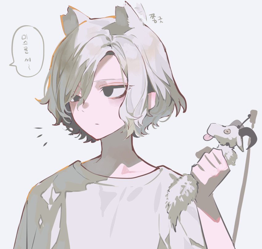 1boy, animal_ears, bags_under_eyes, black_eyes, cat_boy, cat_ears, dungeon_meshi, elf, extra_ears, goat_(dungeon_meshi), gorget, green_shirt, grey_background, grey_hair, highres, holding, kemonomimi_mode, korean_text, lazy_eye, long_sleeves, male_focus, maratang, mithrun, notched_ear, pointy_ears, shirt, short_hair, simple_background, solo, speech_bubble, tongue, tongue_out, tunic, uneven_eyes, wavy_hair, white_shirt
