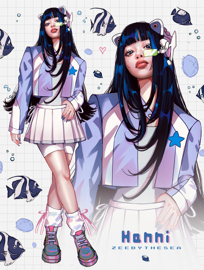 1girl, absurdres, bike_shorts, black_footwear, blue_hair, blue_jacket, blue_nails, character_name