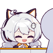 1girl, 6+others, :d, ^_^, animal_ears, animated, animated_gif, blue_eyes, cat_ears, chibi, closed_eyes, counter, drink, fake_animal_ears, hair_between_eyes, hair_ornament, honkai_(series), honkai_impact_3rd, jacket, kiana_kaslana, kiana_kaslana_(coco), long_hair, lowres, midriff, official_art, orange_jacket, people, shirt, smile, solo_focus, sweatdrop, tied_shirt, very_long_hair, white_shirt