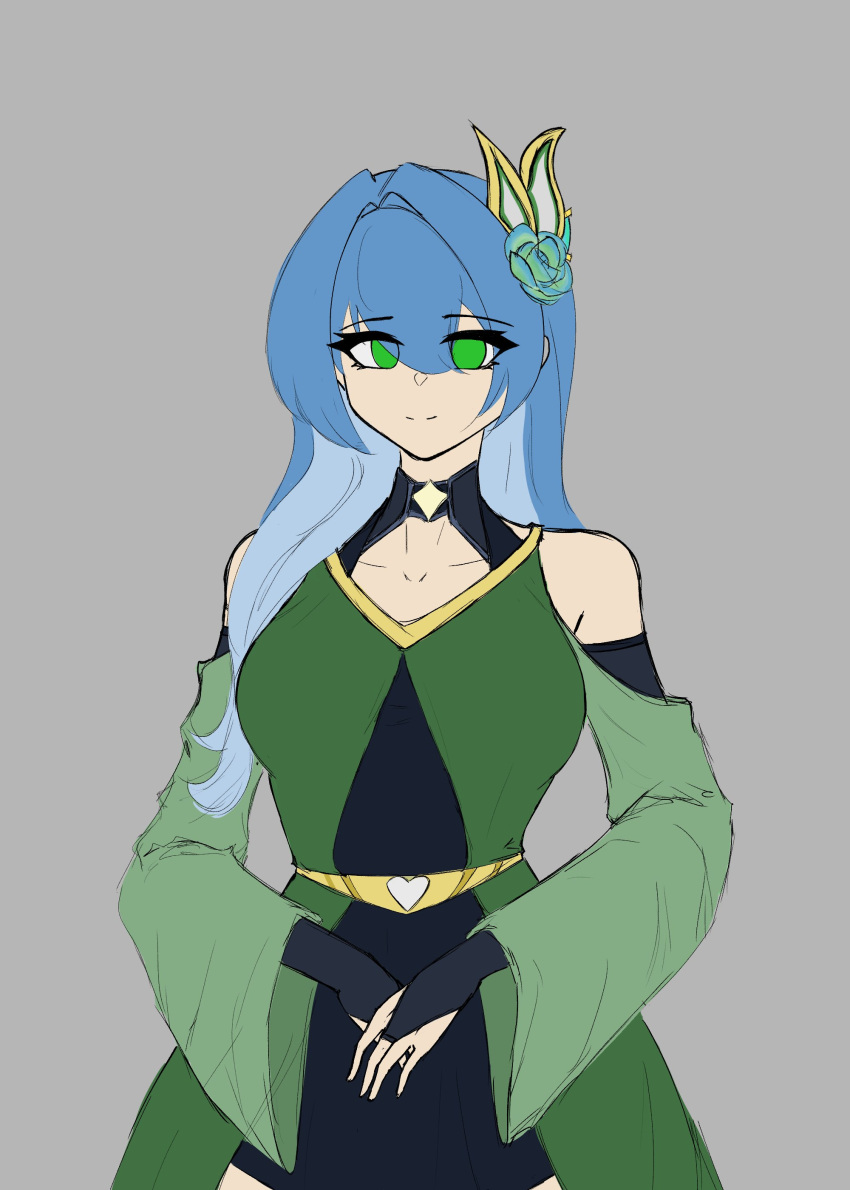 absurdres, alekzio, alternate_universe, amber_lightvale, blue_hair, clothes, dress, glitchtale, green_eyes, grey_background, highres, long_hair, smile