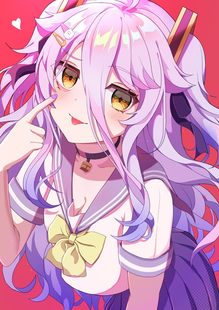 1girl, ahoge, blush, choker, gradient_hair, grey_hair, hair_between_eyes, hair_ornament