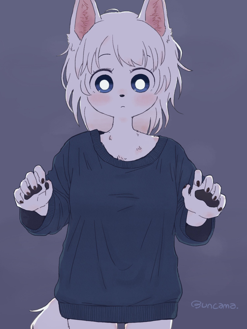 1girl, animal_ears, animal_nose, blue_eyes, blue_shirt, blush, body_fur, bright_pupils