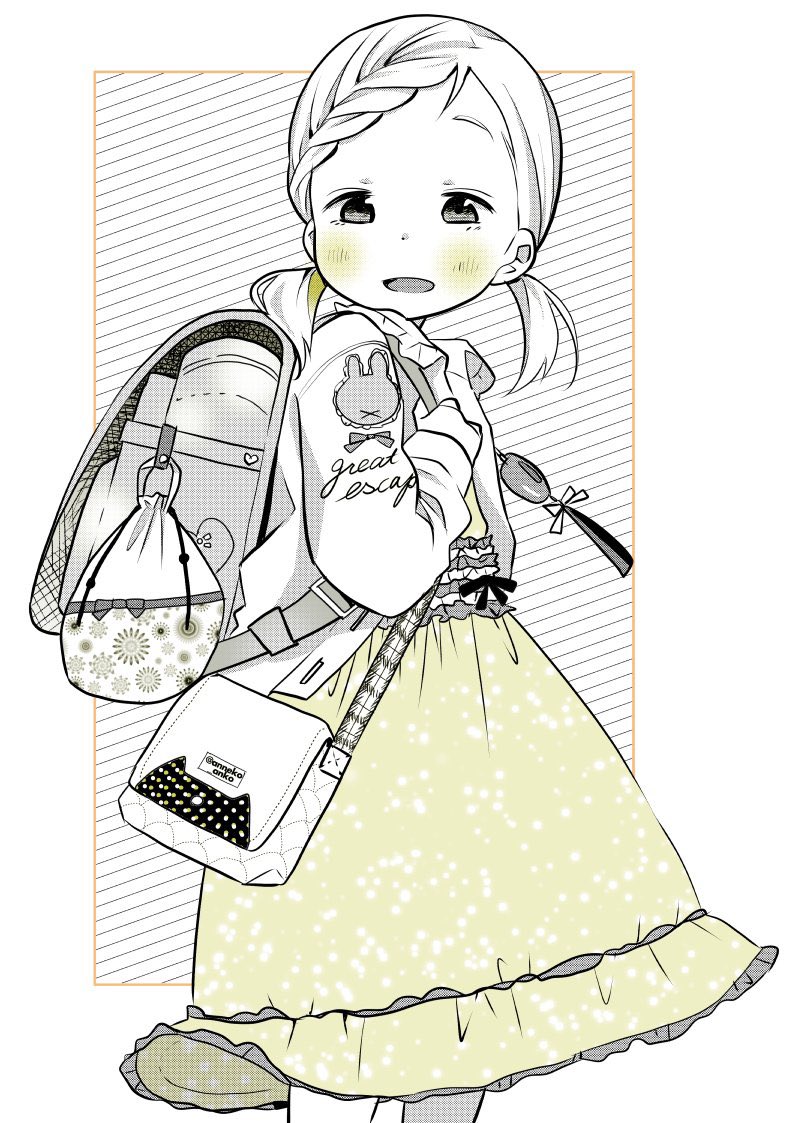 1girl, anneko_anko, backpack, bag, blouse, blush, braid, braided_bangs, clothes_writing, crime_prevention_buzzer, drawstring_bag, frills, long_sleeves, low_twintails, monochrome, open_mouth, original, randoseru, shirt, short_twintails, shoulder_bag, skirt, solo, spot_color, turning_head, twintails, twitter_username