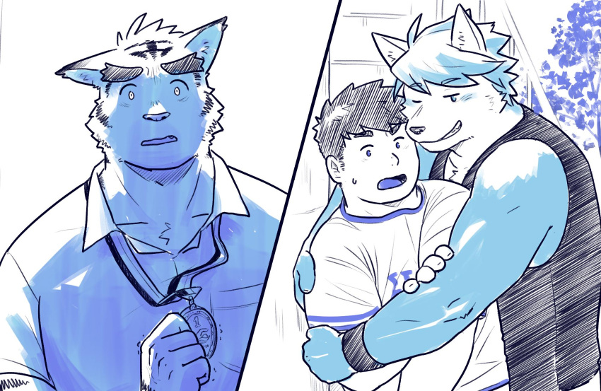 3boys, animal_ears, black_shirt, commentary_request, dog_boy, dog_ears, furry, furry_male