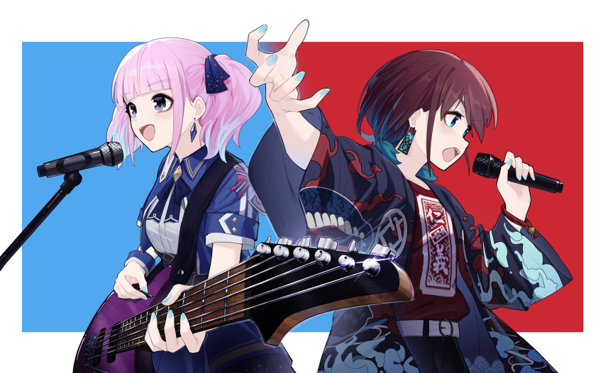 2girls, belt, blue_bow, blue_bowtie, blue_eyes, blue_hair, blue_jacket, blue_nails