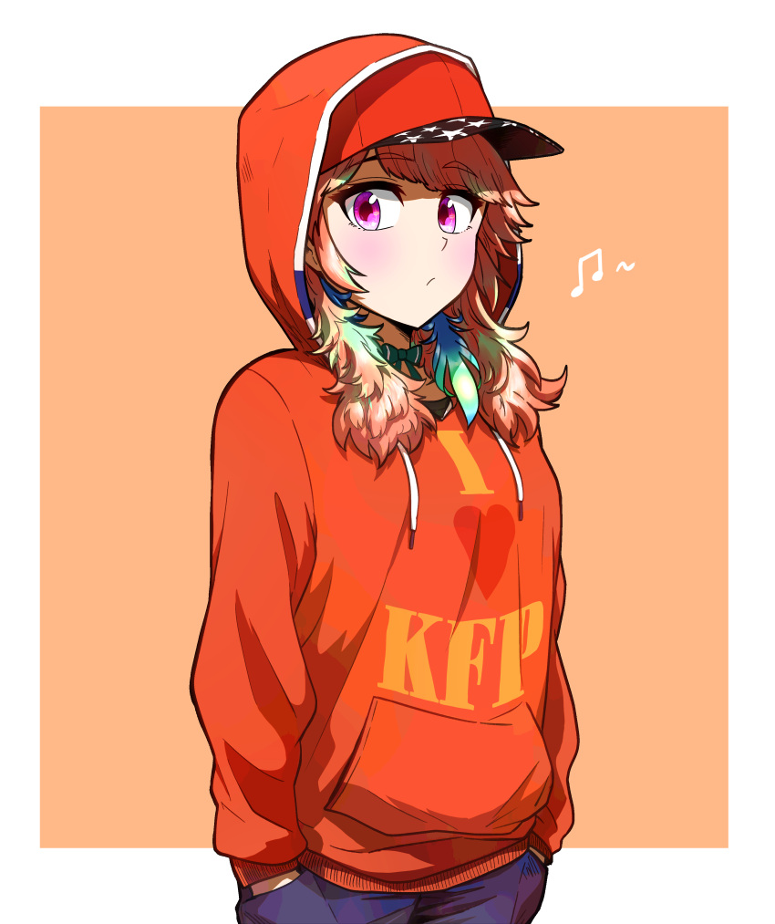 1girl, absurdres, baseball_cap, border, bow_choker, casual, closed_mouth, ddolbang