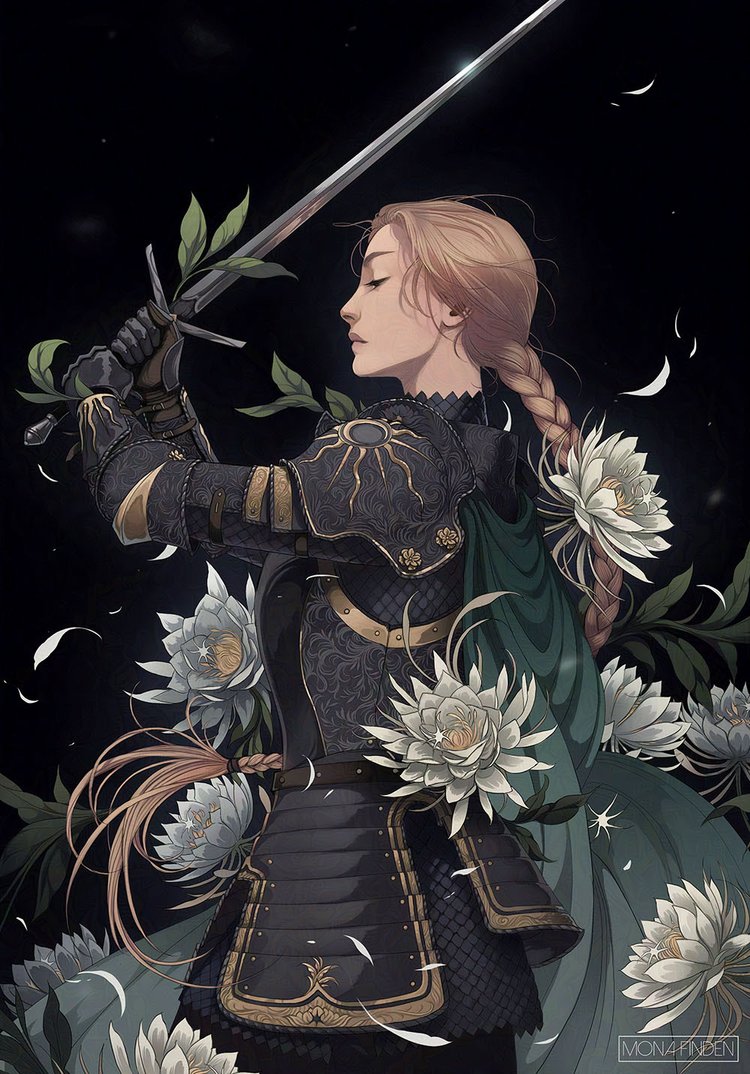 1girl, armor, arms_up, artist_request, black_armor, black_background, braid, braided_ponytail, cape, closed_mouth, couter, cowboy_shot, crescent, cuirass, epiphyllum, falling_petals, faulds, floating_hair, flower, from_side, gauntlets, gold_trim, green_cape, half-closed_eyes, holding, holding_sword, holding_weapon, leaf, lips, long_hair, low-braided_long_hair, low-tied_long_hair, nose, nostrils, original, pauldrons, petals, plate_armor, profile, realistic, shoulder_armor, simple_background, solo, sun_print, sun_symbol, sword, two-handed, vambraces, very_long_hair, weapon, white_flower, white_petals