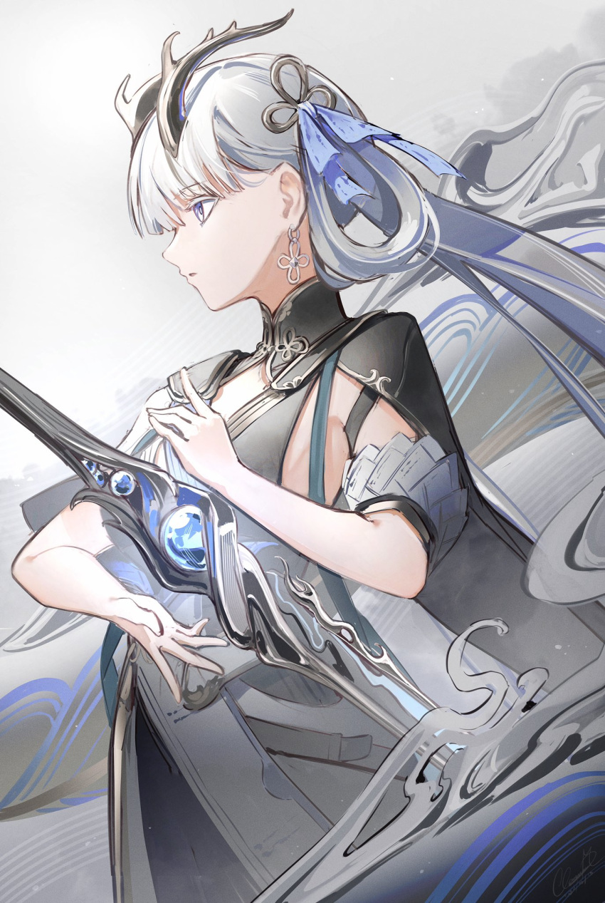 1girl, 2024, black_dress, black_shrug, blue_bow, bow, clarenceman0605, coat