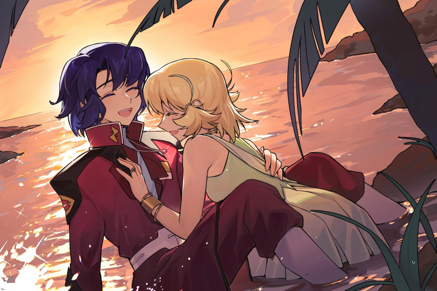 1boy, 1girl, :d, ^_^, amulet, athrun_zala, between_legs, blonde_hair