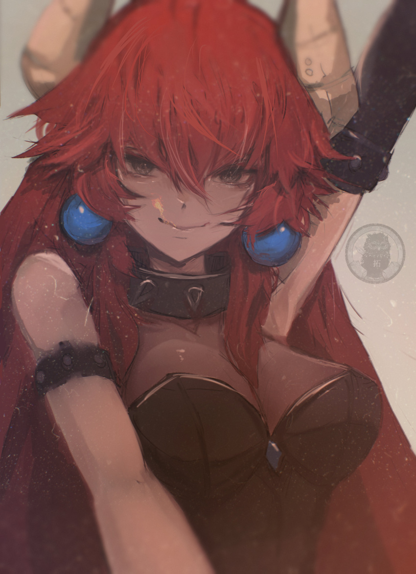 1girl, absurdres, arm_up, black_bodysuit, black_collar, black_leotard, bodysuit, bowsette