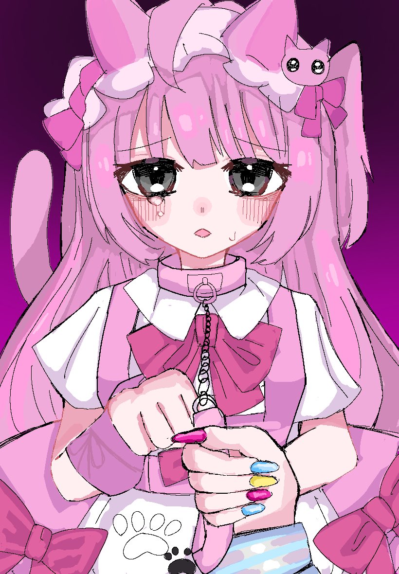 1girl, animal_ears, blue_nails, blush, bow, bowtie, cat_ears, cat_girl