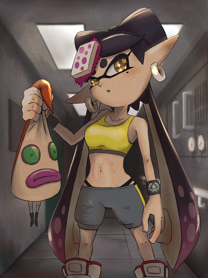 1girl, alternate_costume, armlet, bow-shaped_hair, callie_(splatoon), food, food_on_head, highres