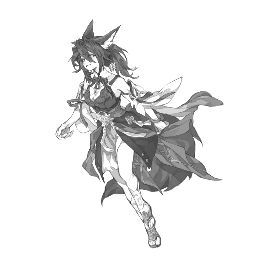 1girl, animal_ears, bare_shoulders, bebseo, bracelet, detached_sleeves, dress, greyscale
