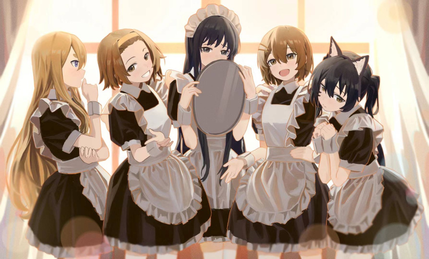 5girls, :d, akiyama_mio, alternate_costume, animal_ears, apron, black_dress, black_eyes
