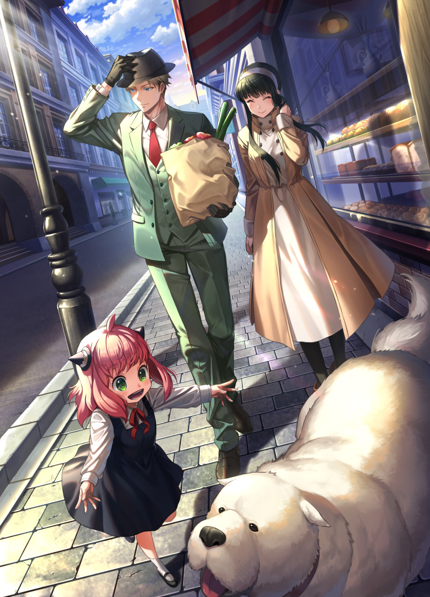 1boy, 1other, 2girls, :d, ^_^, absurdres, ahoge, animal, anya_(spy_x_family), apple, arm_up, awning, bag, bakery, black_dress, black_footwear, black_gloves, black_hair, black_pantyhose, blonde_hair, blue_eyes, blue_sky, blush, bond_(spy_x_family), brown_footwear, building, buttons, child, closed_eyes, closed_mouth, clouds, cloudy_sky, coat, collared_shirt, cone_hair_bun, day, dero_(eka56921), dog, double-breasted, double_bun, dress, dress_shirt, fake_horns, family, fedora, food, formal, fruit, gloves, great_pyrenees, green_eyes, green_jacket, green_pants, green_suit, green_vest, grocery_bag, hair_bun, hairband, hairpods, hand_on_headwear, hat, highres, horns, jacket, lamppost, lapels, long_hair, long_sleeves, mary_janes, medium_hair, multiple_girls, neck_ribbon, necktie, open_clothes, open_coat, open_jacket, open_mouth, outdoors, pants, pantyhose, paper_bag, pinafore_dress, pink_hair, red_necktie, red_ribbon, ribbon, road, sett, shadow, shirt, shoes, shop, shopping_bag, short_hair, sidelocks, sidewalk, sky, sleeveless, sleeveless_dress, smile, socks, spring_onion, spy_x_family, suit, suit_jacket, teeth, tongue, tongue_out, twilight_(spy_x_family), vest, white_dog, white_dress, white_hairband, white_shirt, white_socks, window, wing_collar, yellow_coat, yor_briar
